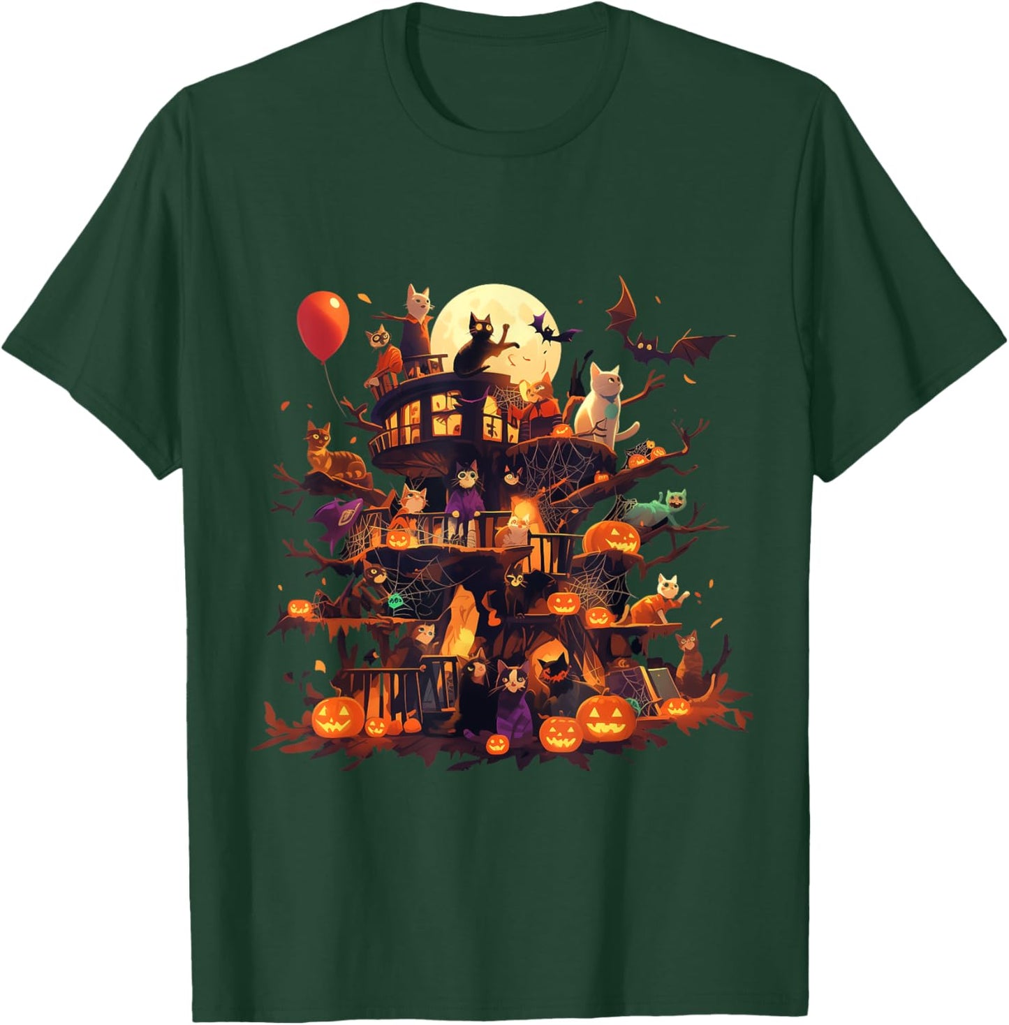 Cat Pumpkin Haunted House Horror Halloween Gifts Women Kids T-Shirt - T-Shirt | Forest