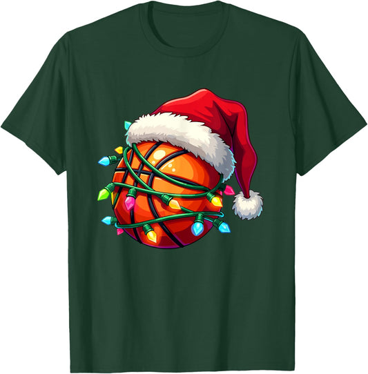 Funny Basketball Santa Hat Family Pajamas Christmas Lights T-Shirt - T-Shirt | Forest