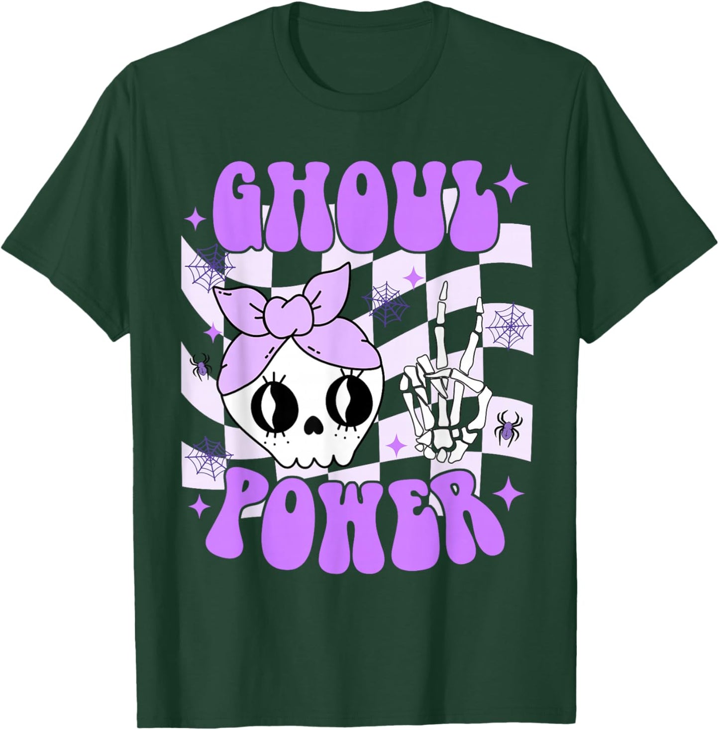 Ghoul Power Halloween Skeleton Peace Hand Checkered Girl Kid T-Shirt - T-Shirt | Forest