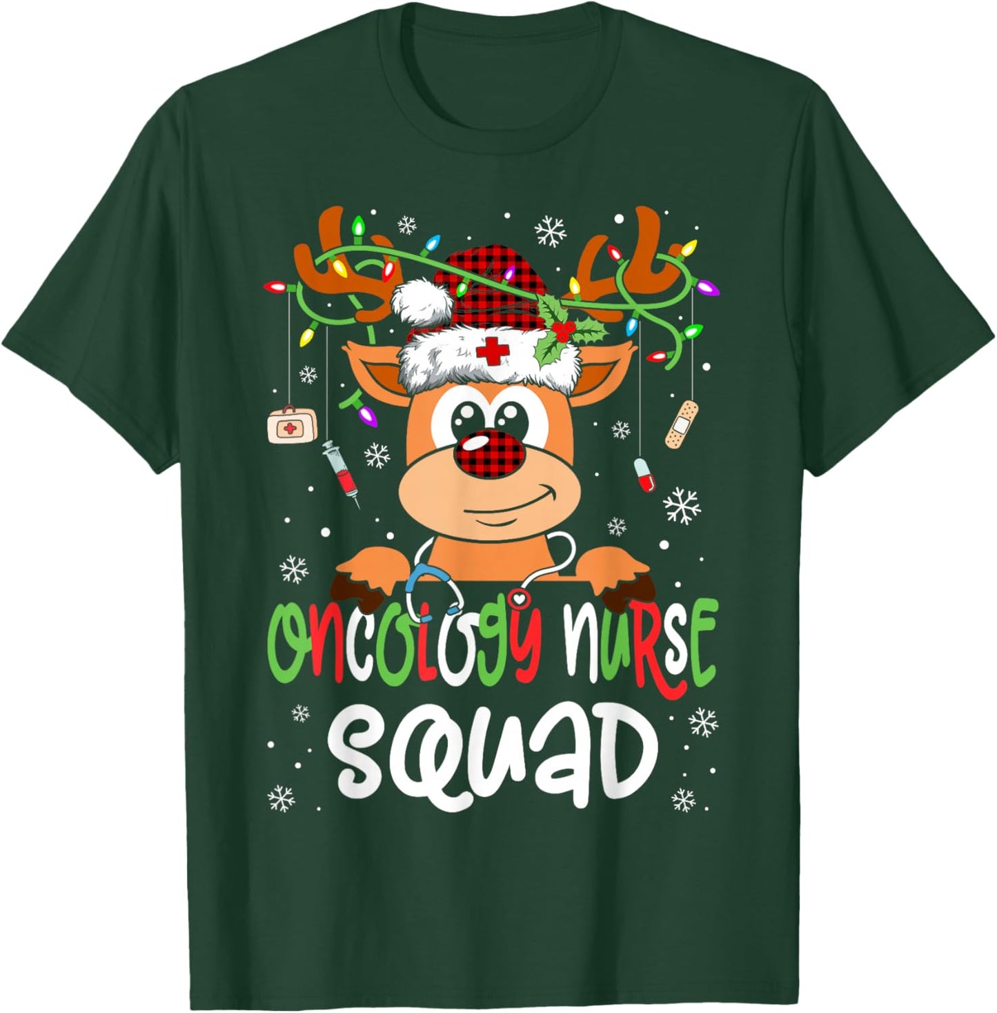 Oncology Nurse Squad Reindeer Stethoscope Nurse Christmas T-Shirt - T-Shirt | Forest