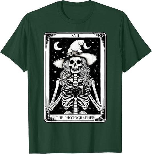 Photographer Skeleton Tarot Card Witch Vibes Cameraman T-Shirt - T-Shirt | Forest