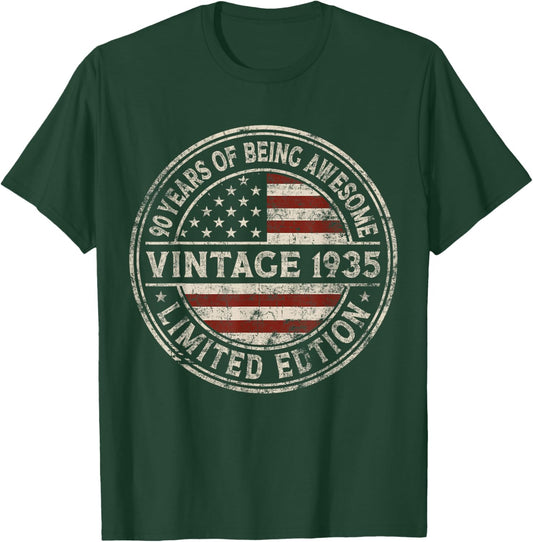 90th Birthday Vintage 1935 Limited Edition American Flag T-Shirt - T-Shirt | Forest