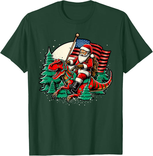 Santa Riding Dinosaur USA Flag T Rex Christmas T-Shirt - T-Shirt | Forest