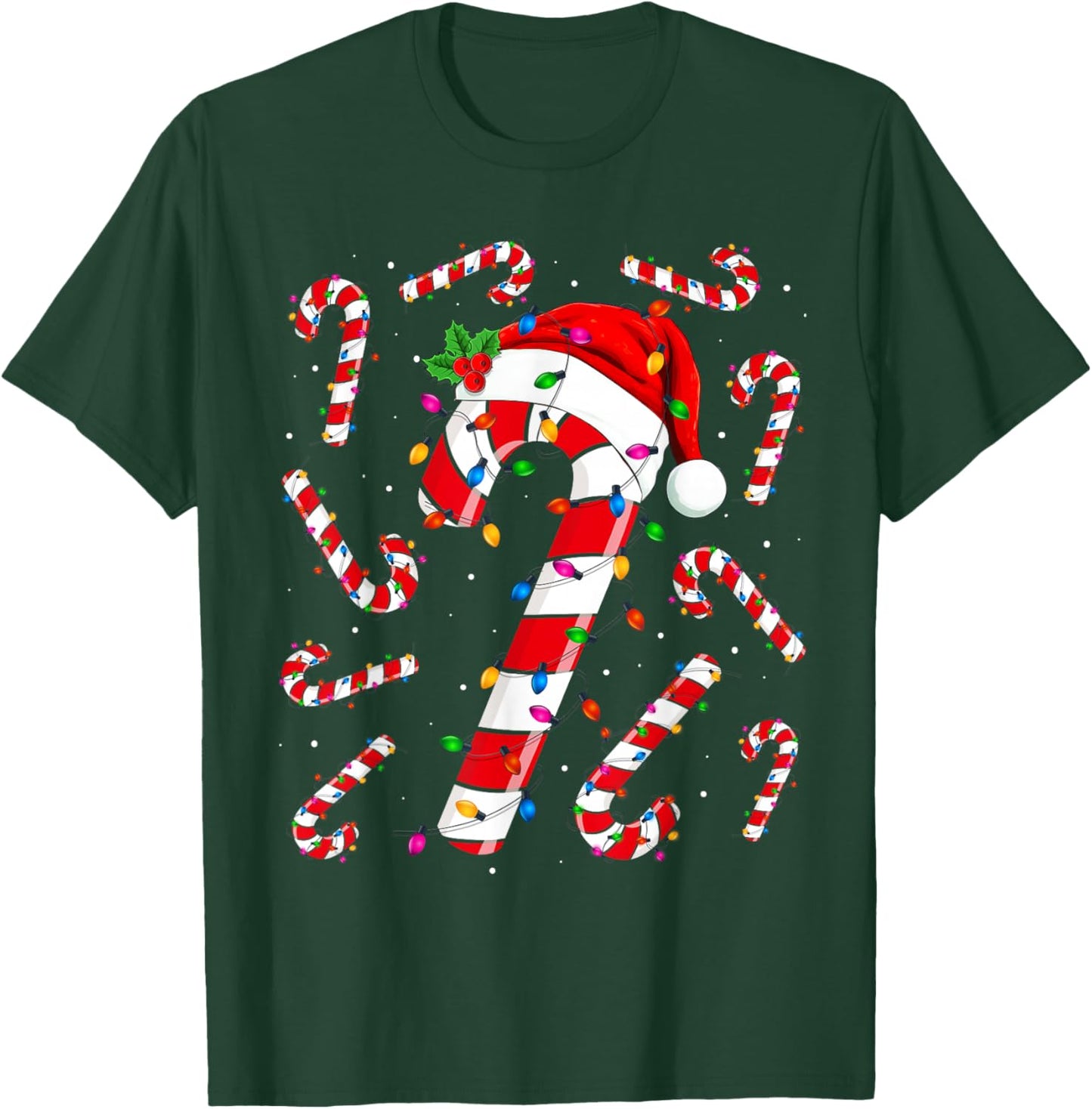 Red and White Candy Cane Santa Christmas Funny Xmas Lights T-Shirt - T-Shirt | Forest