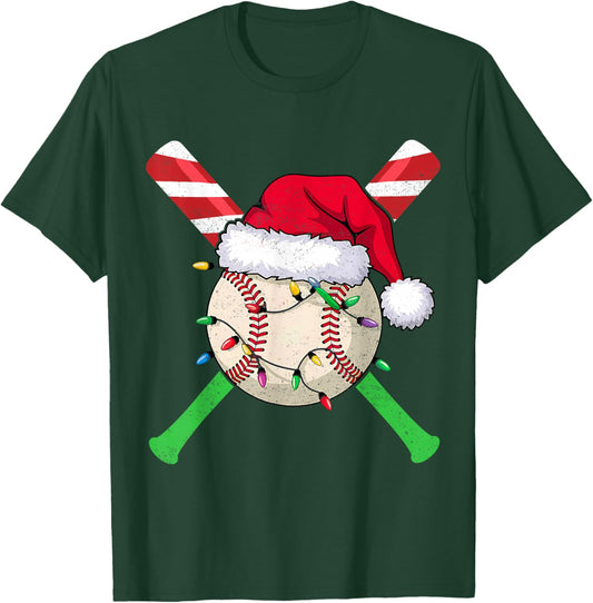 Funny Baseball Christmas Lights Candy Cane Bat Xmas Gifts T-Shirt - T-Shirt | Forest
