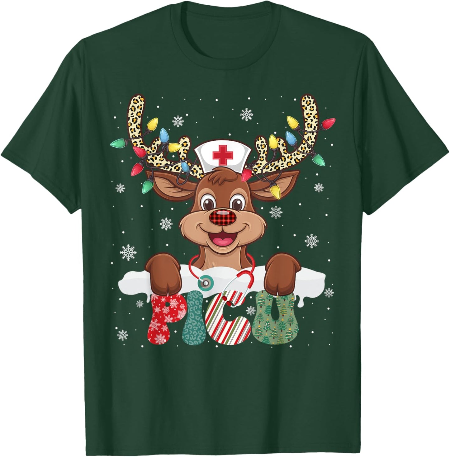 PICU Nurse Reindeer Nurse Hat Christmas Light Women Girl T-Shirt - T-Shirt | Forest