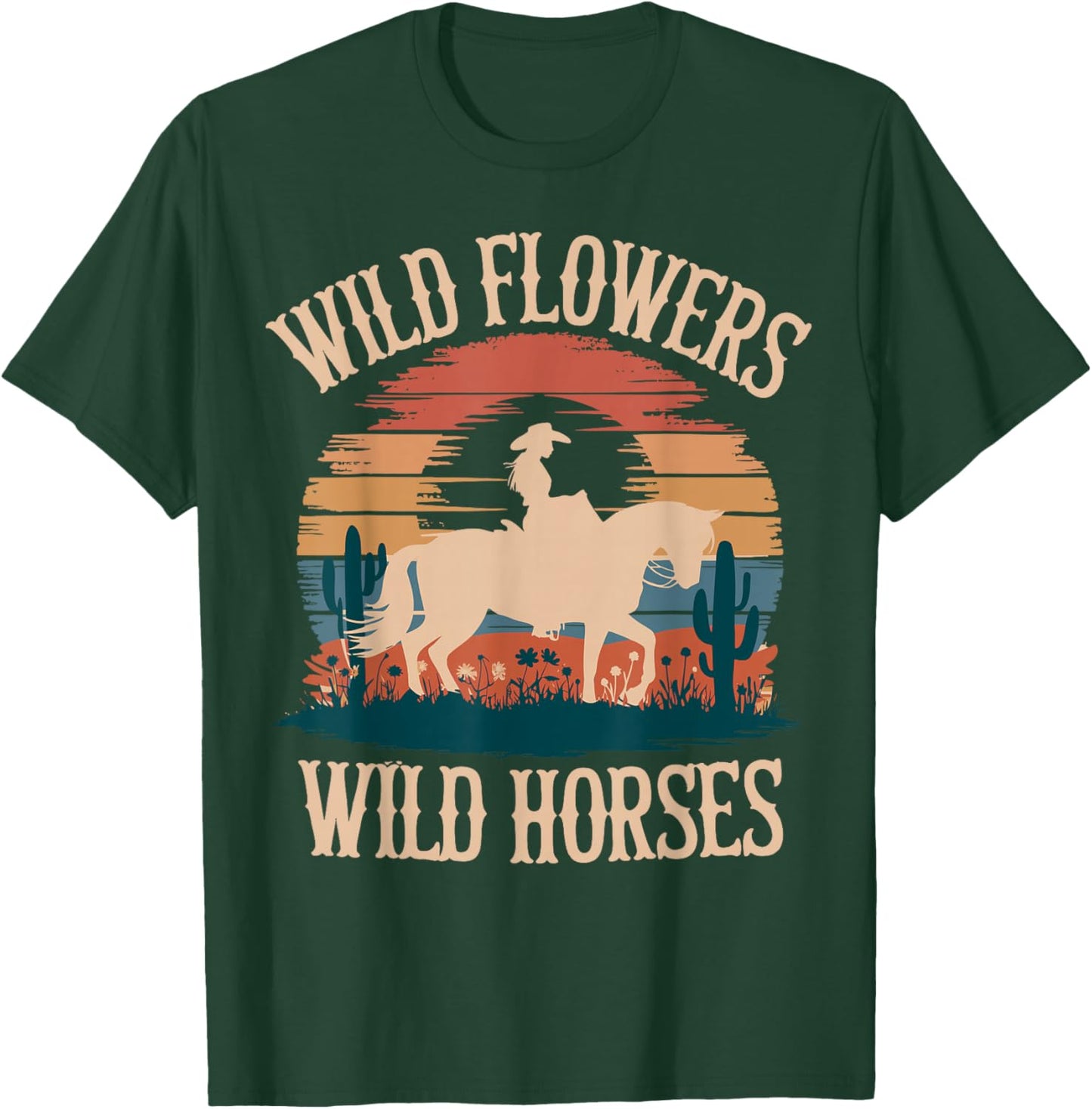 Vintage Sunset Western Country Wild Flowers - Wild Horses T-Shirt - T-Shirt | Forest