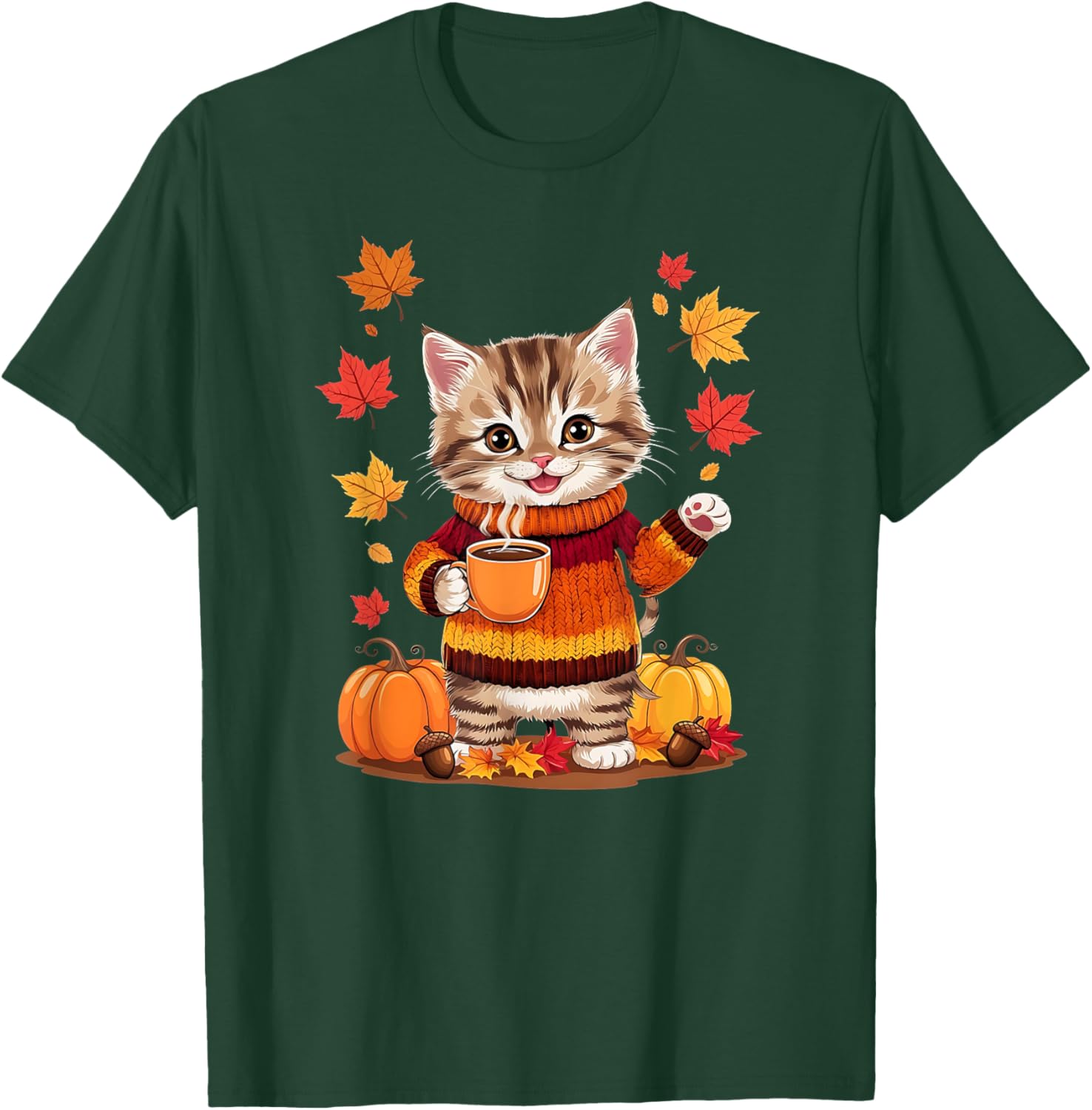 Cute Kitten With Sweater Funny Fall Graphic T-Shirt - T-Shirt | Forest