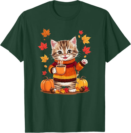 Cute Kitten With Sweater Funny Fall Graphic T-Shirt - T-Shirt | Forest