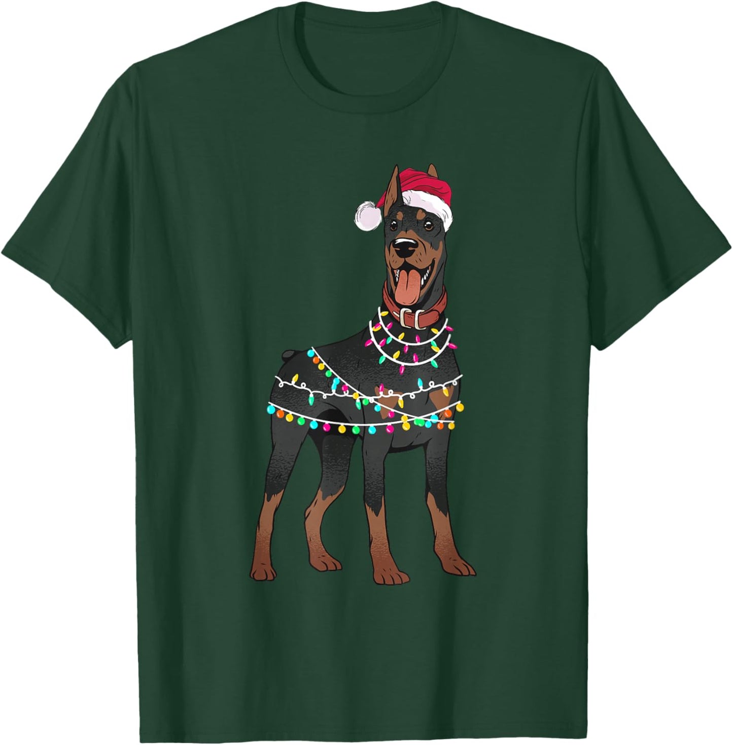 Doberman Santa Christmas Lights Dog T-Shirt - T-Shirt | Forest