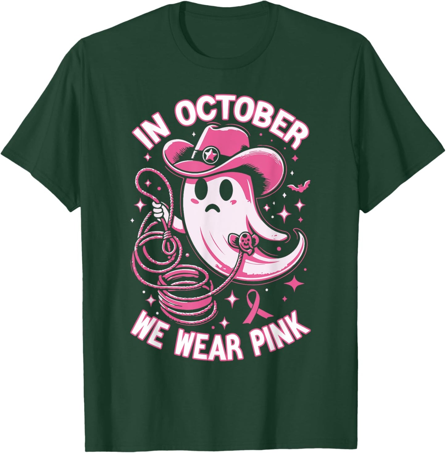 In October We Wear Pink Cowboy Ghost Halloween Breast Cancer T-Shirt - T-Shirt | Forest