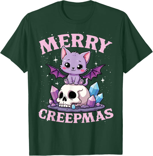 Merry Creepmas Cat Pastel Goth Christmas Skull Women Kids T-Shirt - T-Shirt | Forest