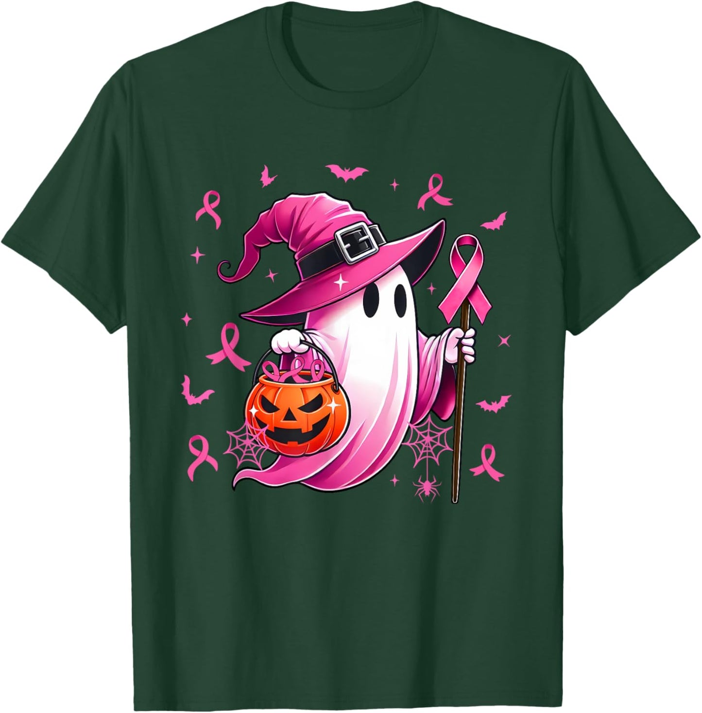 Halloween Pink Ghost Witch Breast Cancer Awareness Women T-Shirt - T-Shirt | Forest
