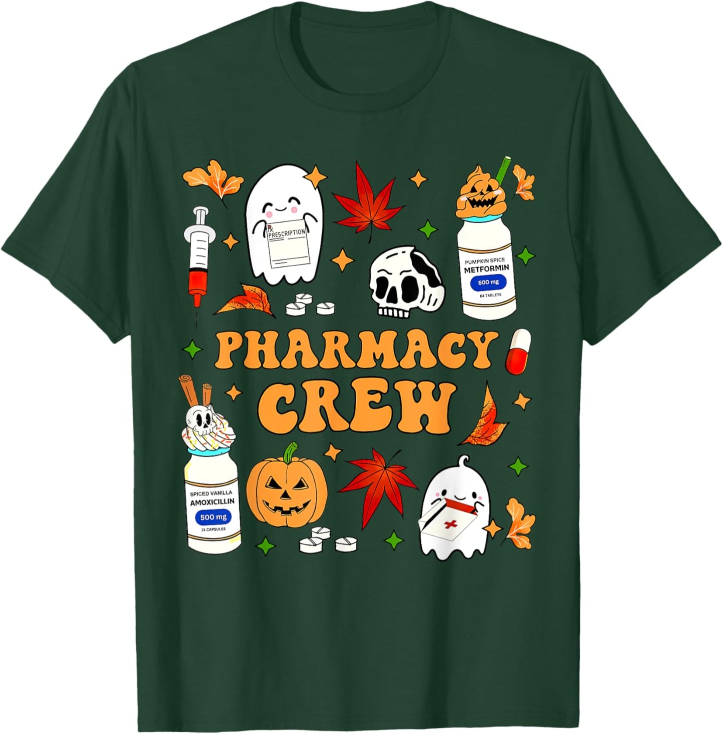 Pharmacy Crew Ghost Pumpkin Fall Pharmacist Tech Halloween T-Shirt - T-Shirt | Forest
