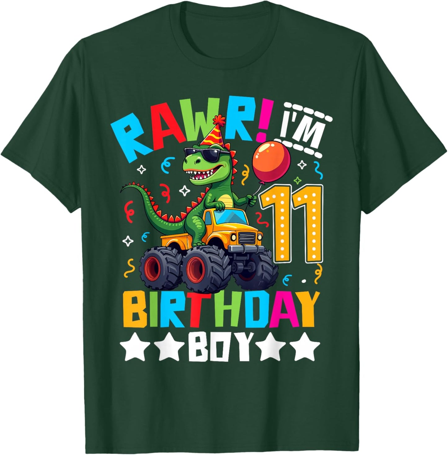 Monster Truck 11th Birthday Shirt Dinosaur Happy Bday T-rex T-Shirt - T-Shirt | Forest