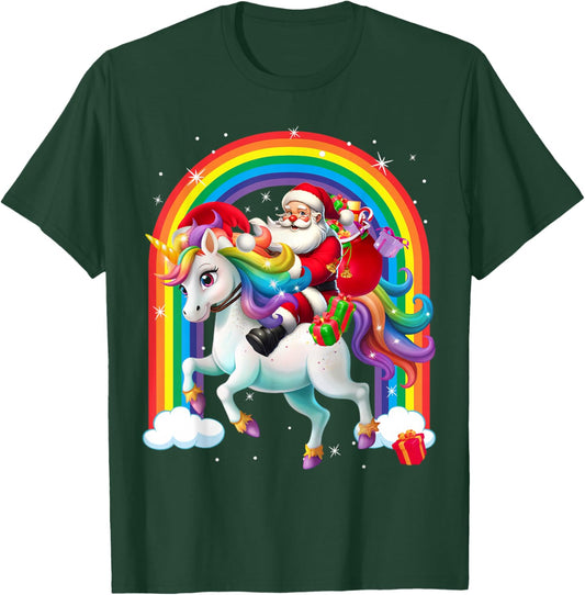 Merry Christmas 2025 Santa Riding Unicorn Xmas Girls Women T-Shirt - T-Shirt | Forest