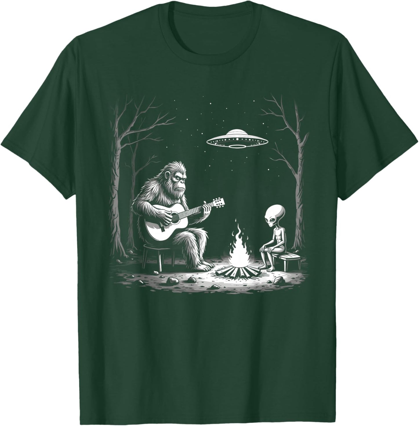 Bigfoot Guitar Campfire Alien Ufo Camping Sasquatch T-Shirt - T-Shirt | Forest