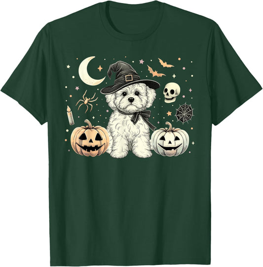 Cute Halloween Maltipoo Witch & Pumpkins Bats Spooky Holiday T-Shirt - T-Shirt | Forest