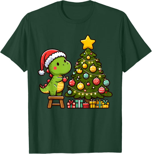 Cute T Rex Dinosaur Decorating Christmas Tree Xmas Holiday T-Shirt - T-Shirt | Forest