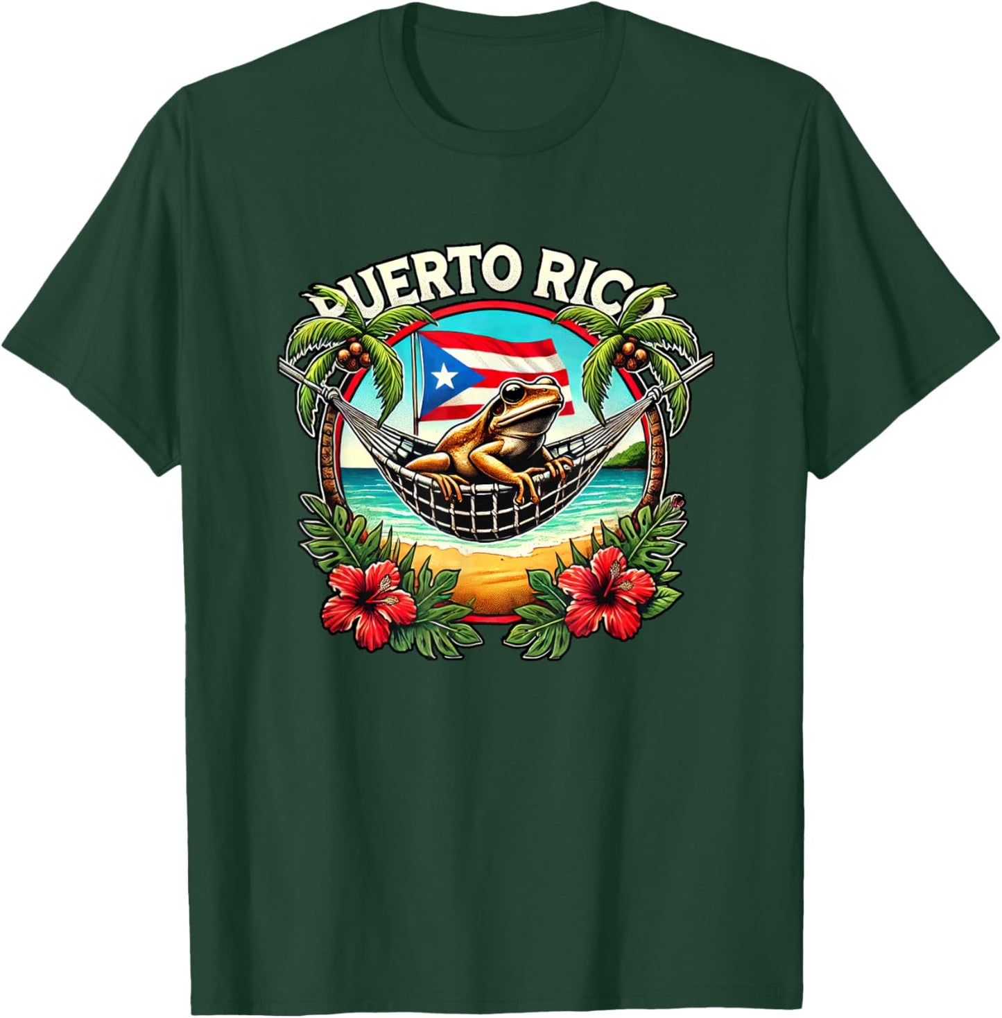Puerto Rico Vacation Coqui Hammock Palm Trees Flowers Beach T-Shirt - T-Shirt | Forest