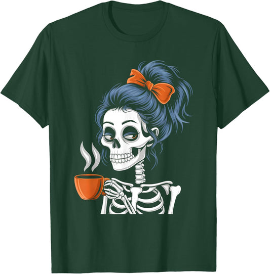 Halloween Skeleton Messy Bun Coffee Funny Costume Mom Women T-Shirt - T-Shirt | Forest