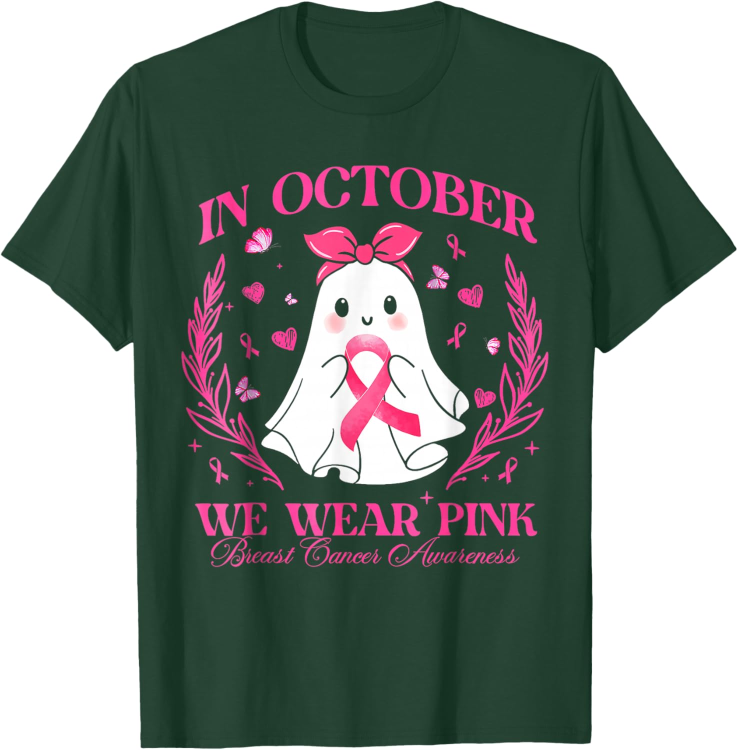 In October We Wear Pink Ghost Witch Breast Cancer Awareness T-Shirt - T-Shirt | Forest