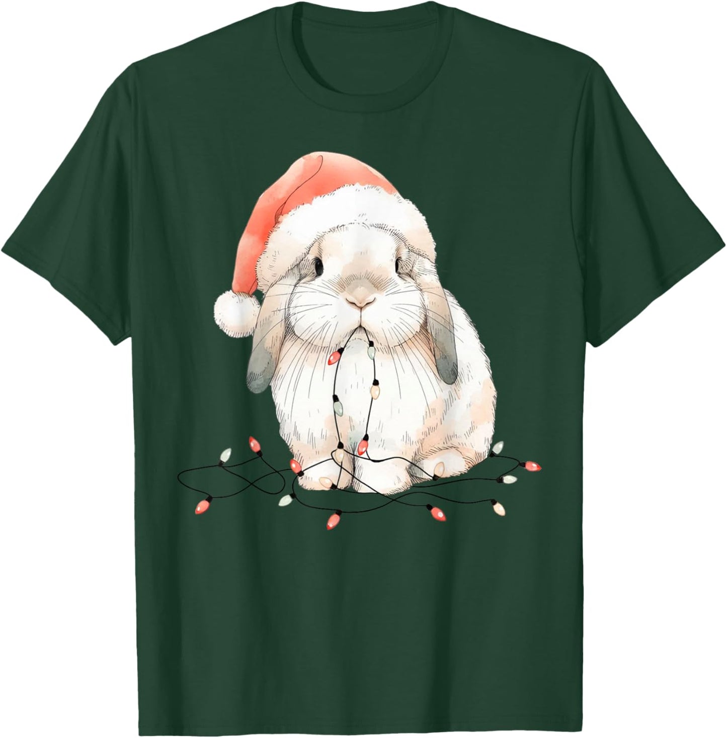Cute Rabbit Bunny Lop Chew Christmas Light Xmas Watercolor T-Shirt - T-Shirt | Forest