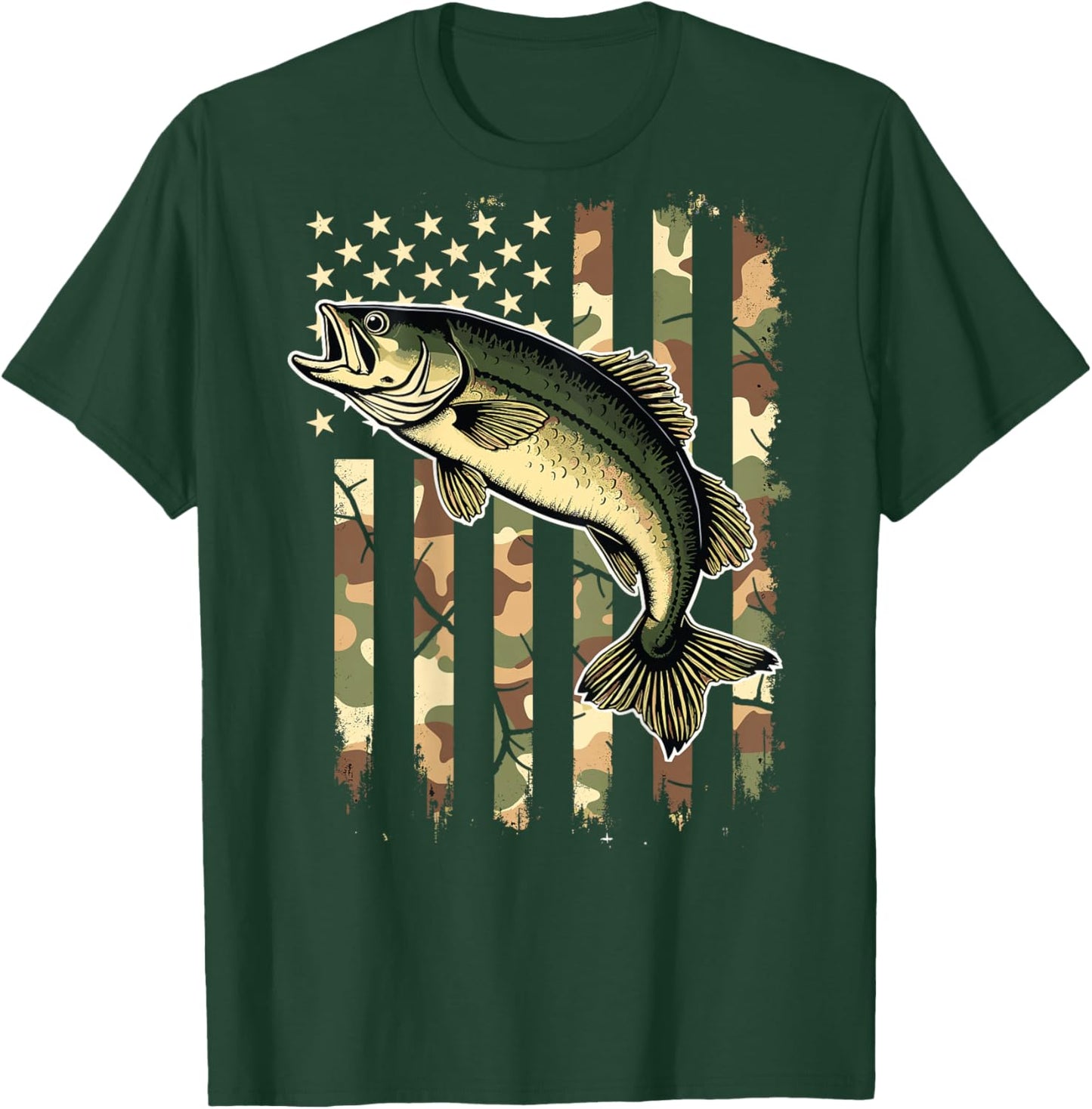 Fishing (on Back) Camouflage USA American Flag Fisherman T-Shirt - T-Shirt | Forest