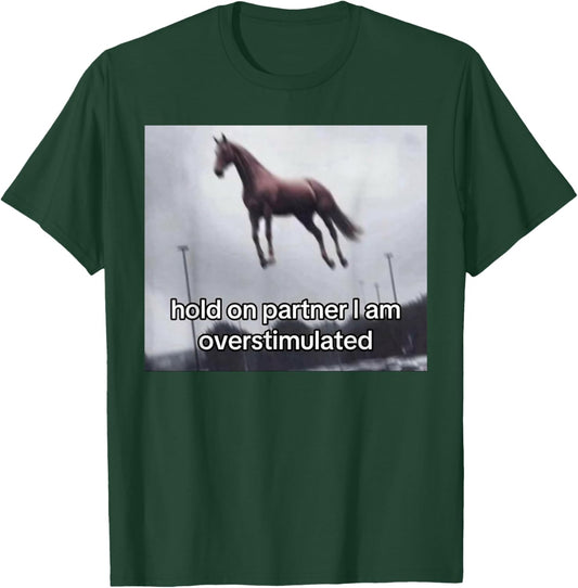 Vintage 1977 Groovy Hold On Partner I'm Overstimulated Western Horse - -Adults, Black, Small, Short Sleeve T-Shirt - T-Shirt | Forest