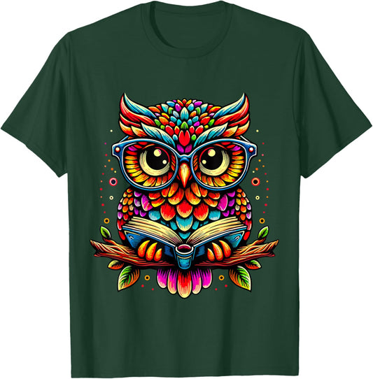 Owl with Glasses and Book Reading T-Shirt - T-Shirt | Forest