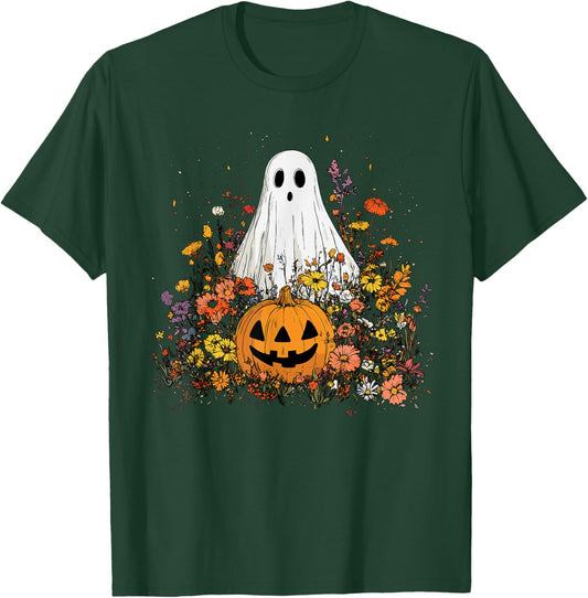 Vintage Floral Ghost Halloween Ghost in the Forest Gothic T-Shirt - T-Shirt | Forest