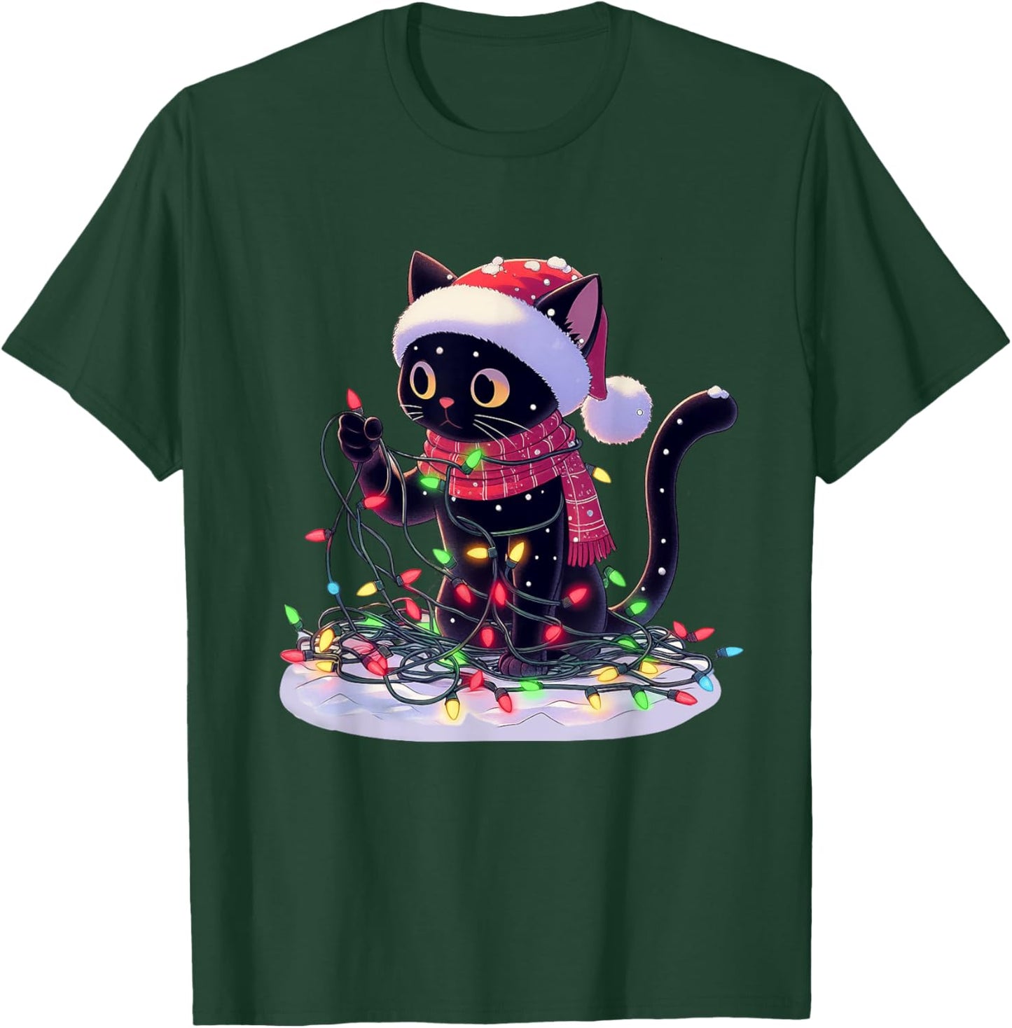 Black Cat Santa Tangled Up In Christmas Tree Lights Holiday T-Shirt - T-Shirt | Forest