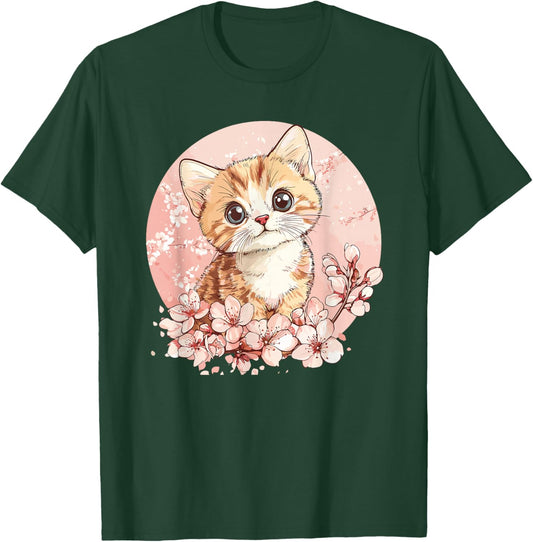 Cute Kitten Surrounded By Cherry Blossoms T-Shirt - T-Shirt | Forest