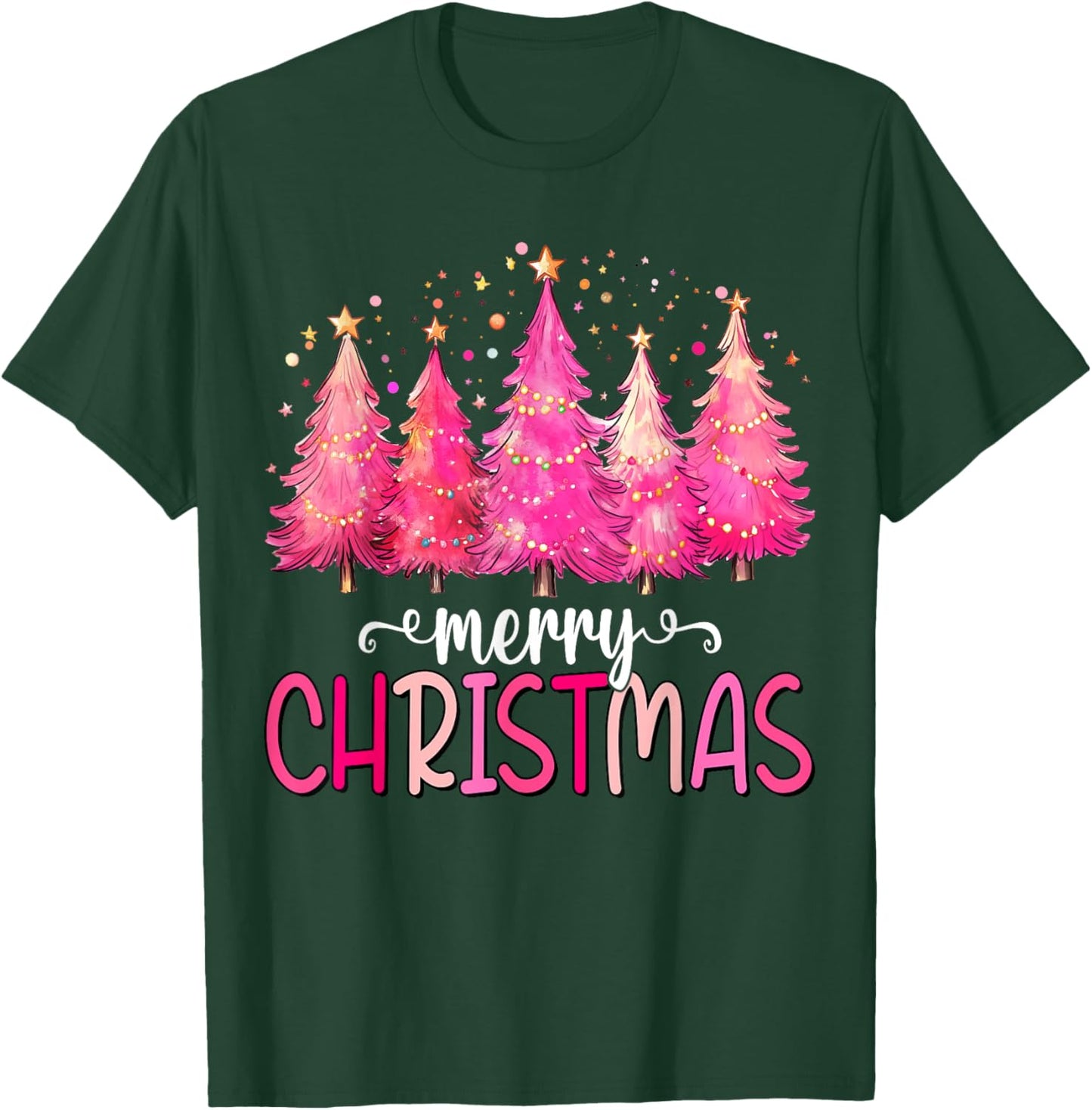 Merry and Bright Pink Christmas Tree Pink Christmas Tree T-Shirt - T-Shirt | Forest