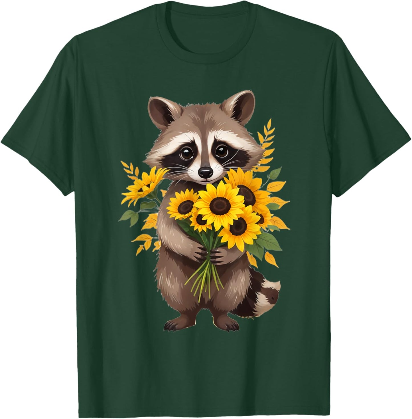 Raccoon Holding Sunflower Cute Flower Mothers Day T-Shirt - T-Shirt | Forest