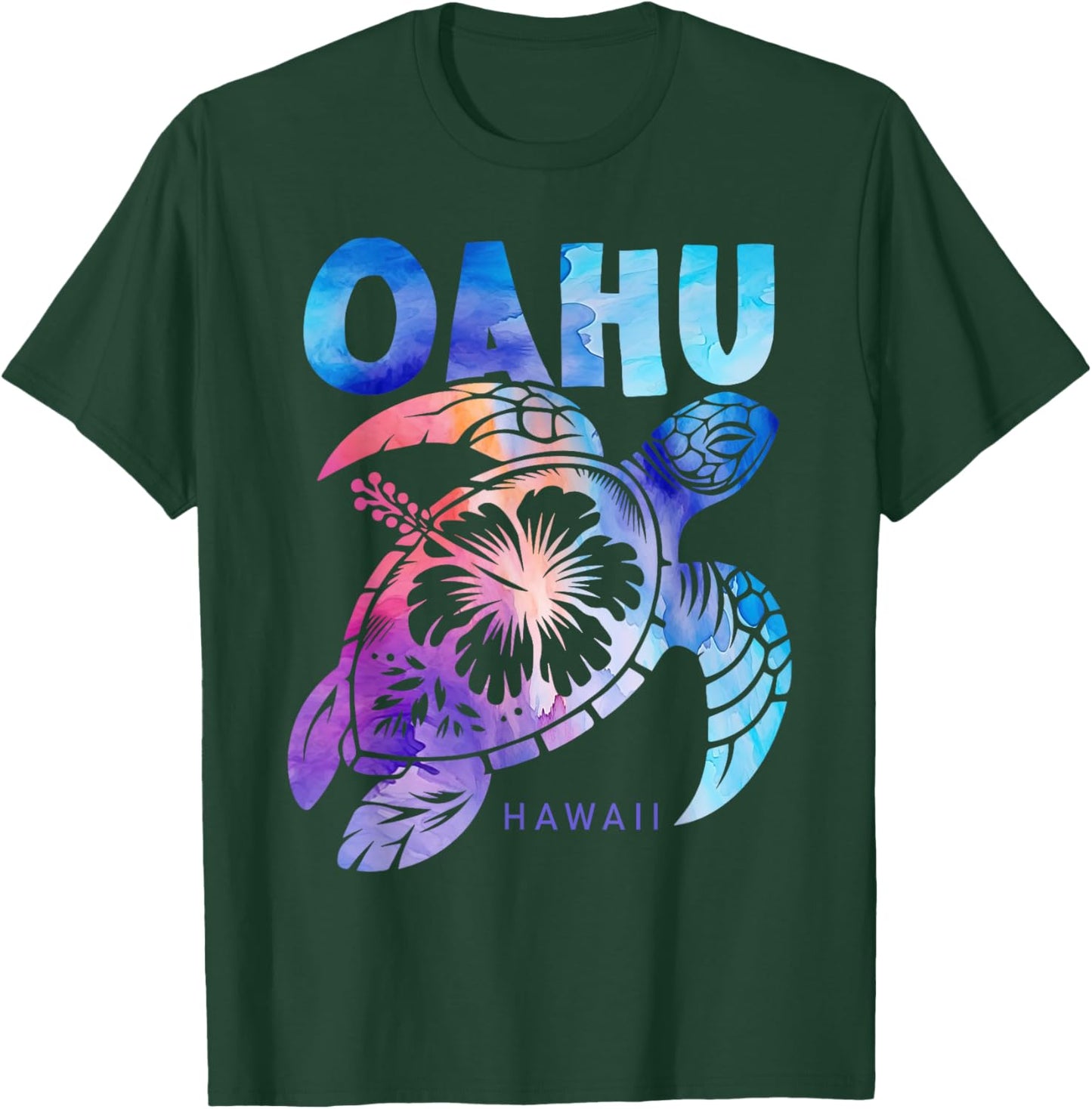 Oahu Tie Dye Sea Turtle Hibiscus Hawaii Vacation 2025 T-Shirt - T-Shirt | Forest
