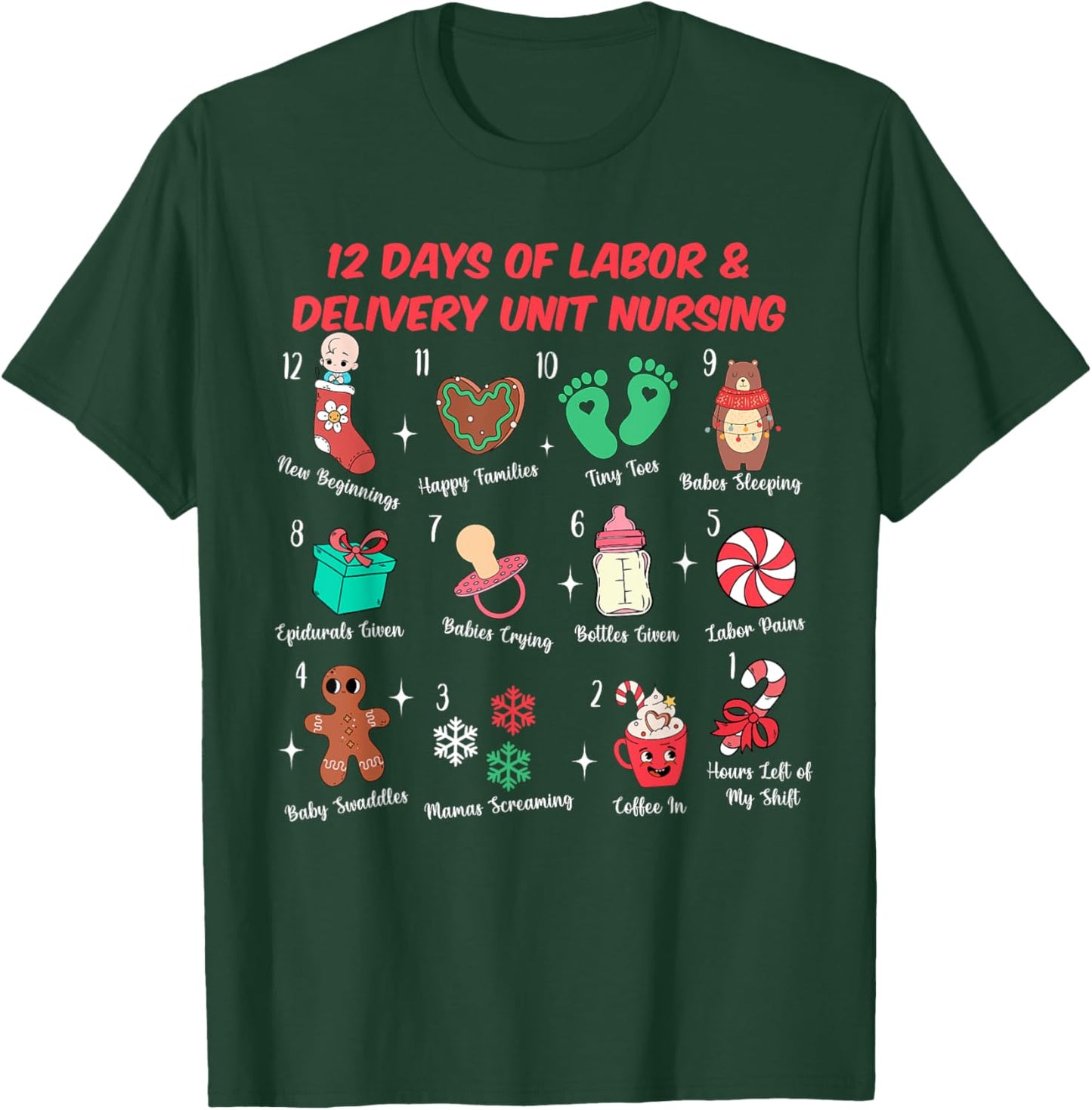 12 Days Of Labor and Delivery Unit Nursing L&D Christmas T-Shirt - T-Shirt | Forest
