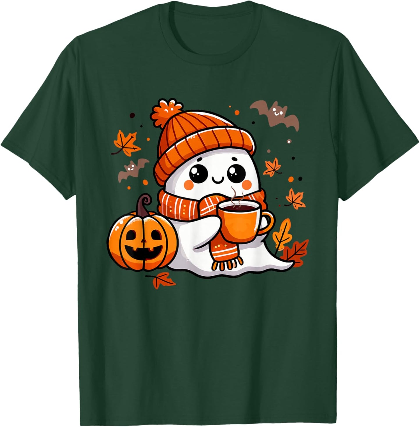 Halloween Ghost Drinking Coffee, Cute Kawaii Halloween T-Shirt - T-Shirt | Forest