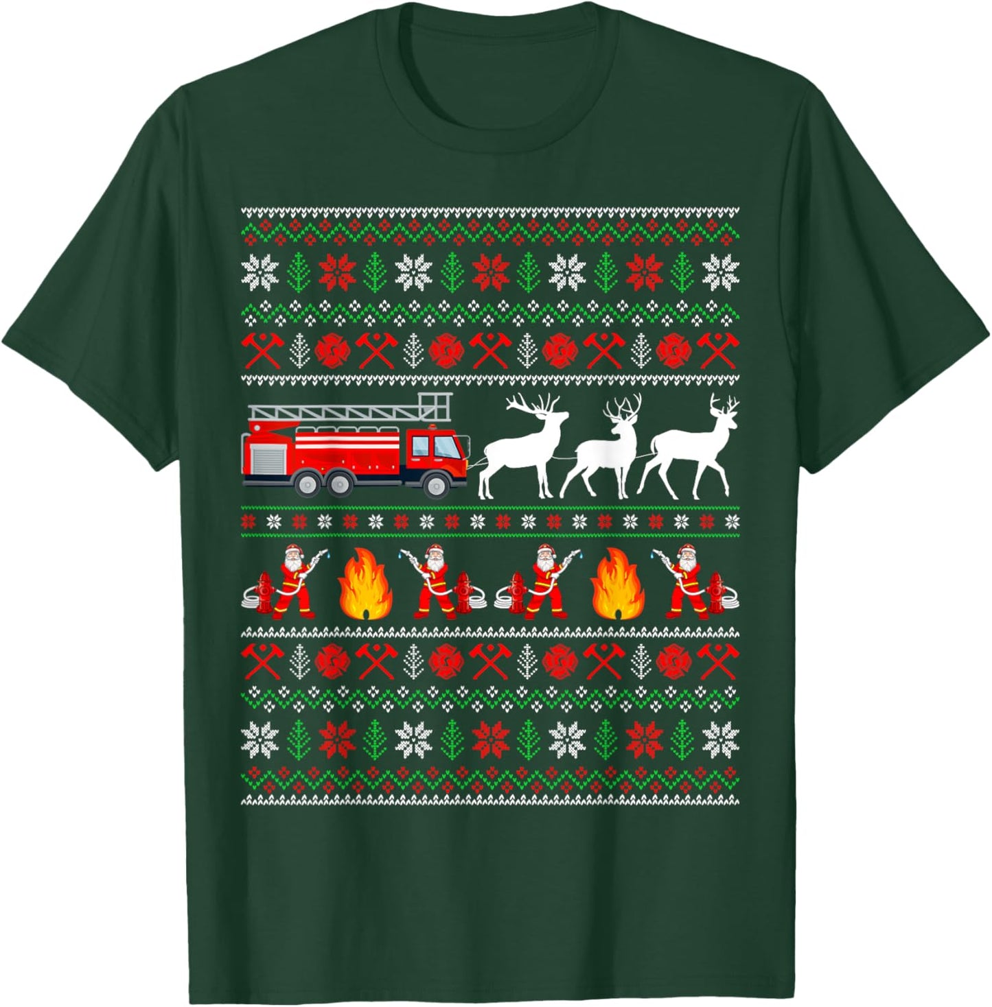 Fire Truck Reindeer Santa Ugly Sweater Firefighter Christmas T-Shirt - T-Shirt | Forest