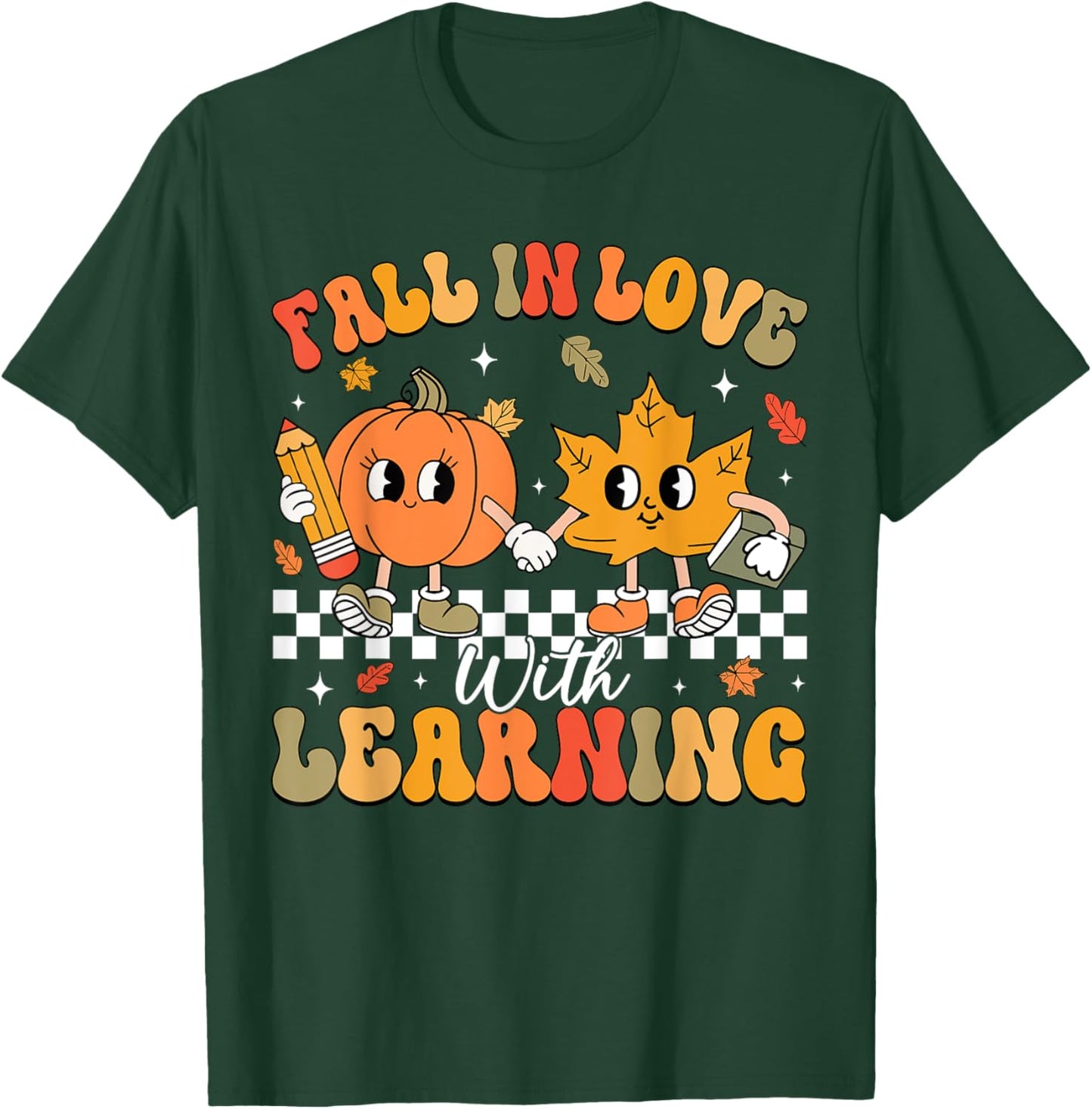 Retro Fall In Love With Learning Autumn Pumpkin Teacher T-Shirt - T-Shirt | Forest