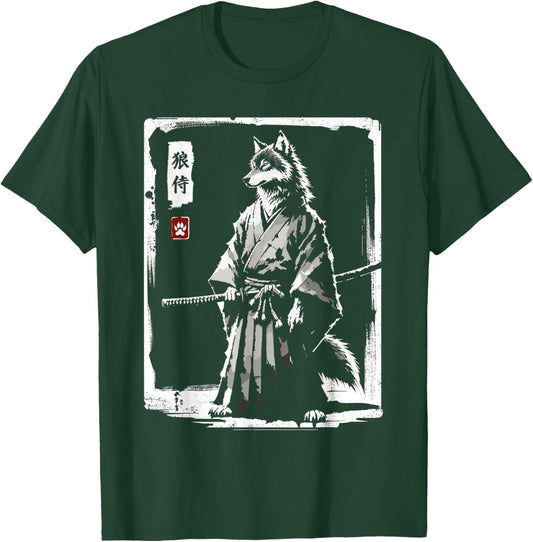 Retro Samurai Wolf Japanese Art Sumi-e Novelty Wolf T-Shirt - T-Shirt | Forest