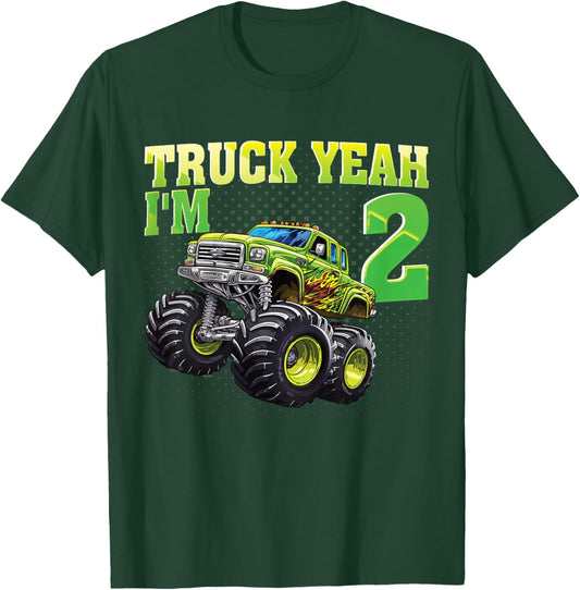 Truck Yeah I'm 2 Years Old Kids Monster Truck 2nd Birthday T-Shirt - T-Shirt | Forest