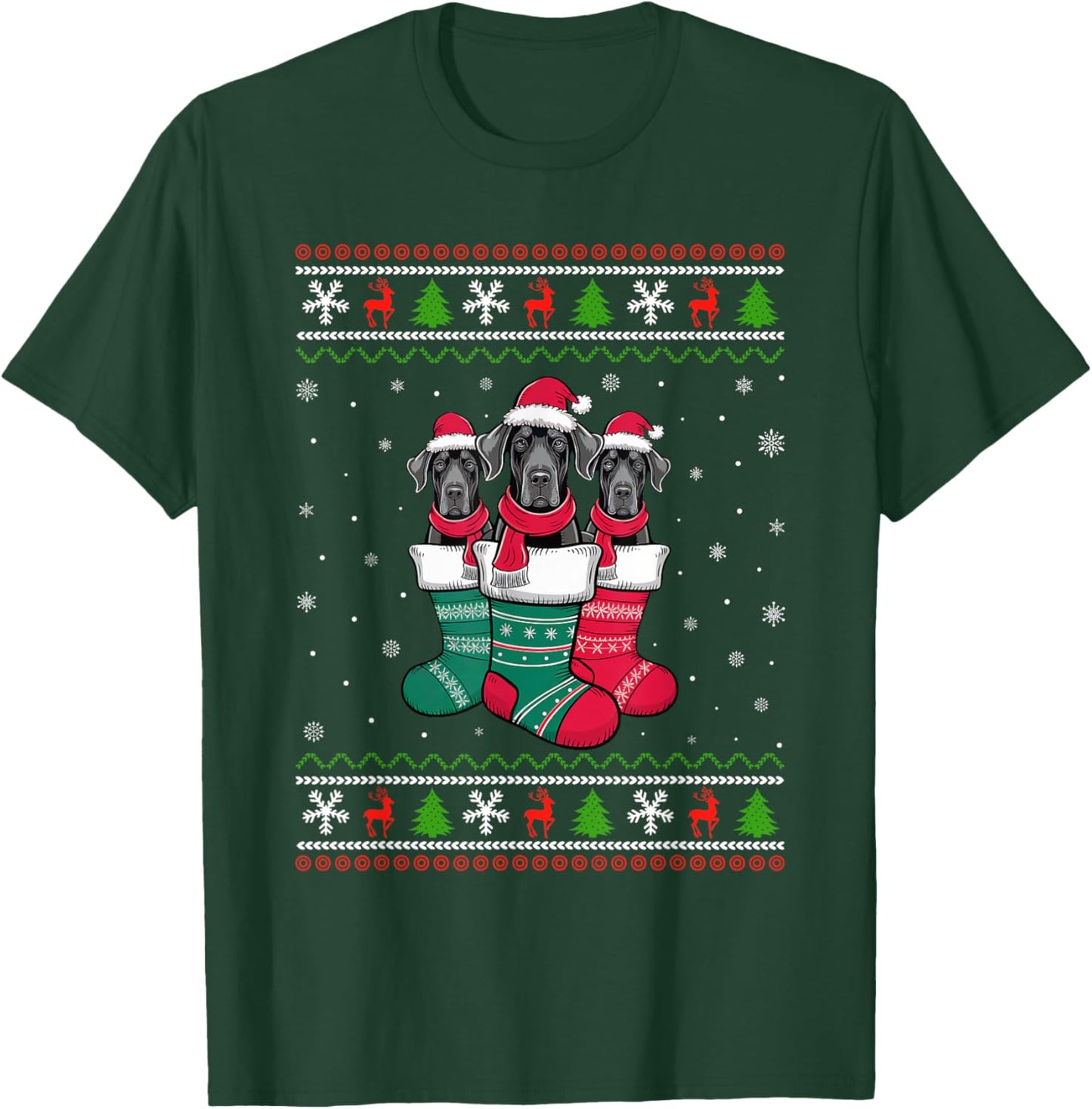 Ugly Xmas Sweater Great Dane Dog In Christmas Socks T-Shirt - T-Shirt | Forest