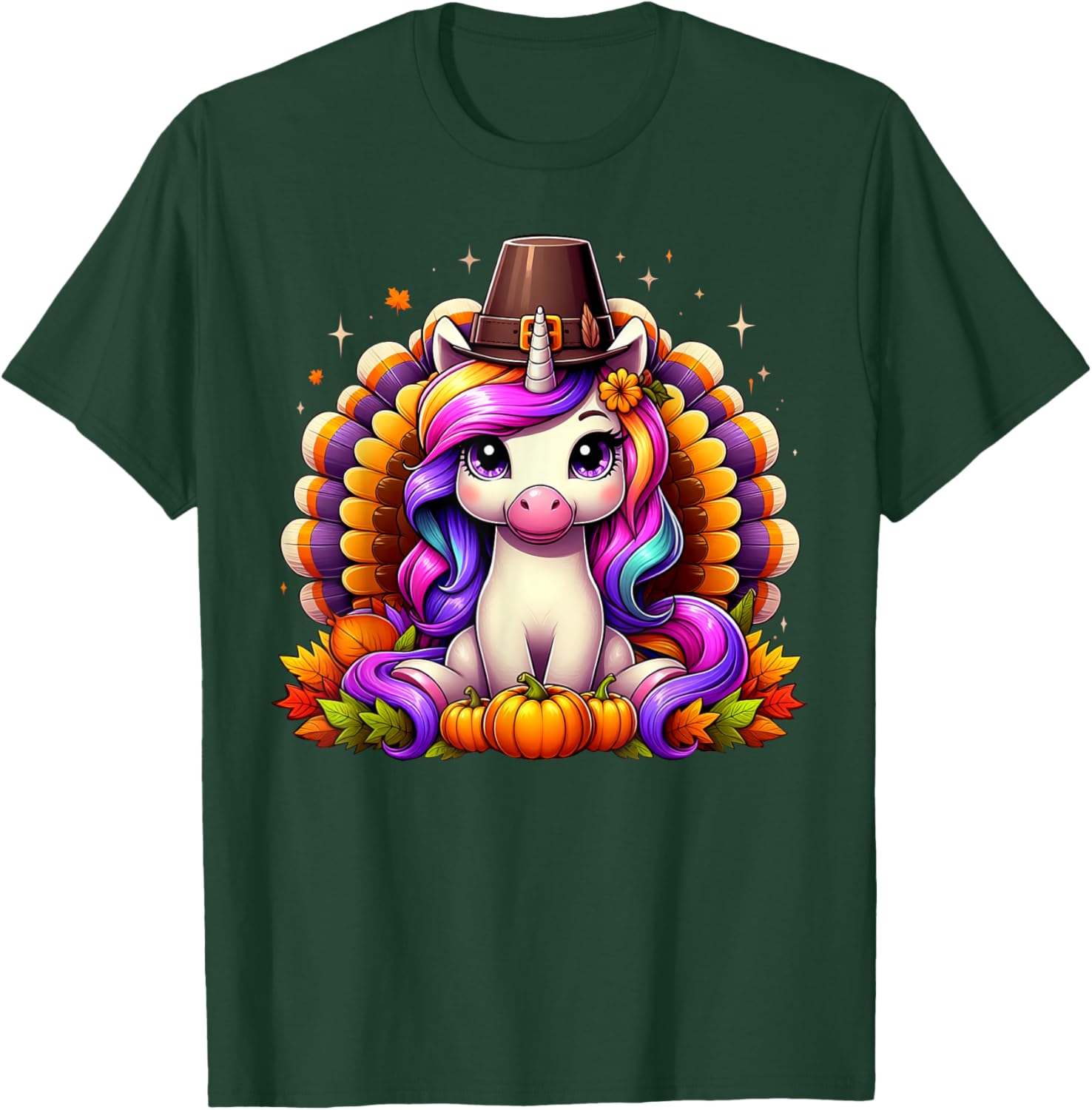Happy Thanksgiving Toddler Turkey Cute Unicorn Girls Kids T-Shirt - T-Shirt | Forest