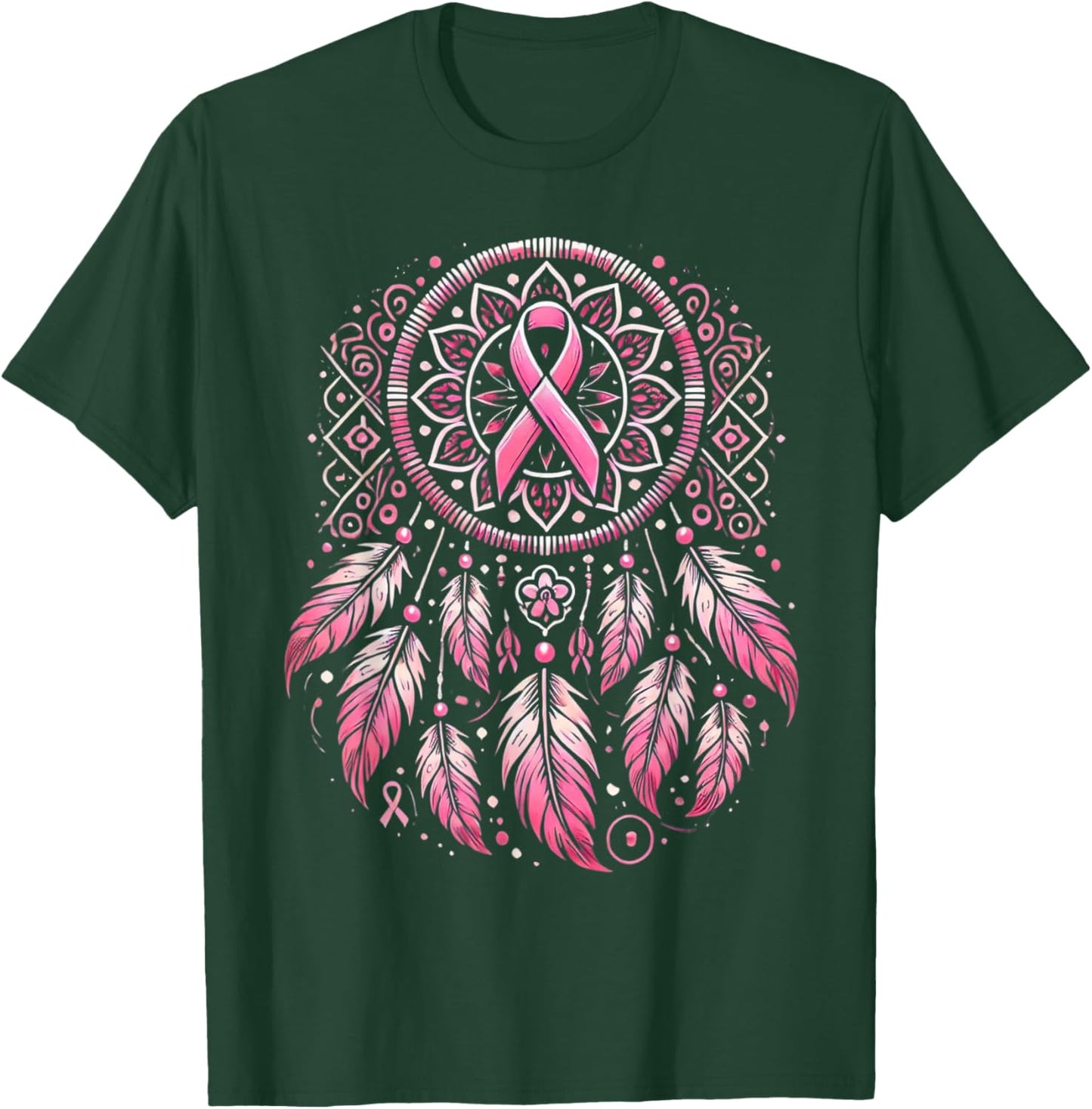 Pink Ribbon Native Indian Dream Catcher Art Breast Cancer T-Shirt - T-Shirt | Forest