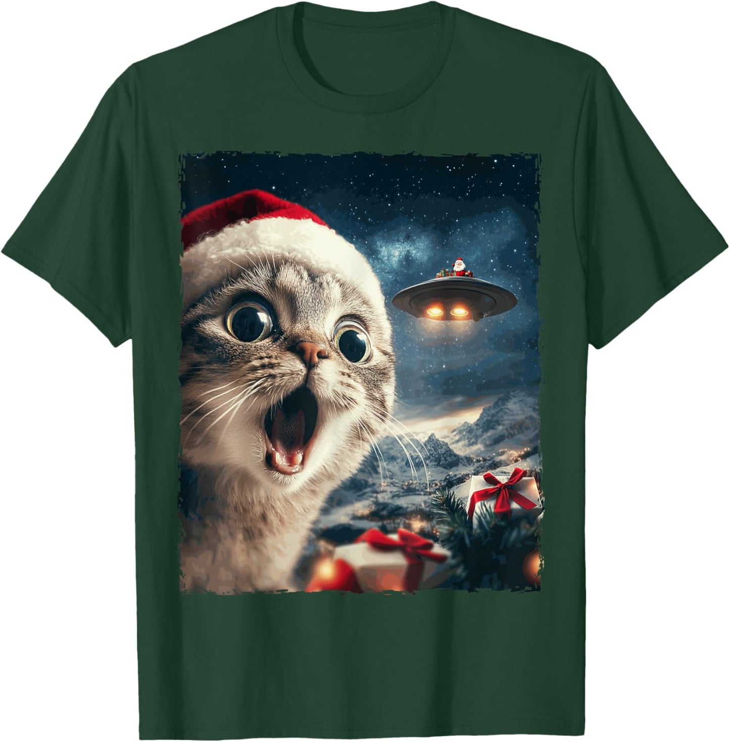 Funny Cat Selfie Santa Ufo Xmas Christmas Men Women Kids T-Shirt - T-Shirt | Forest