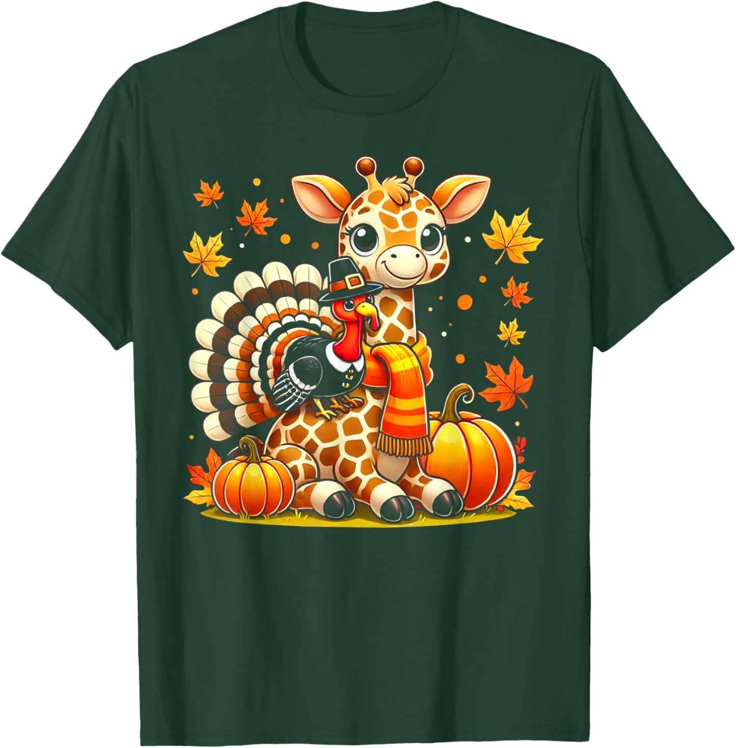 Thanksgiving Turkey Riding Giraffe With Fall Pumpkins T-Shirt - T-Shirt | Forest