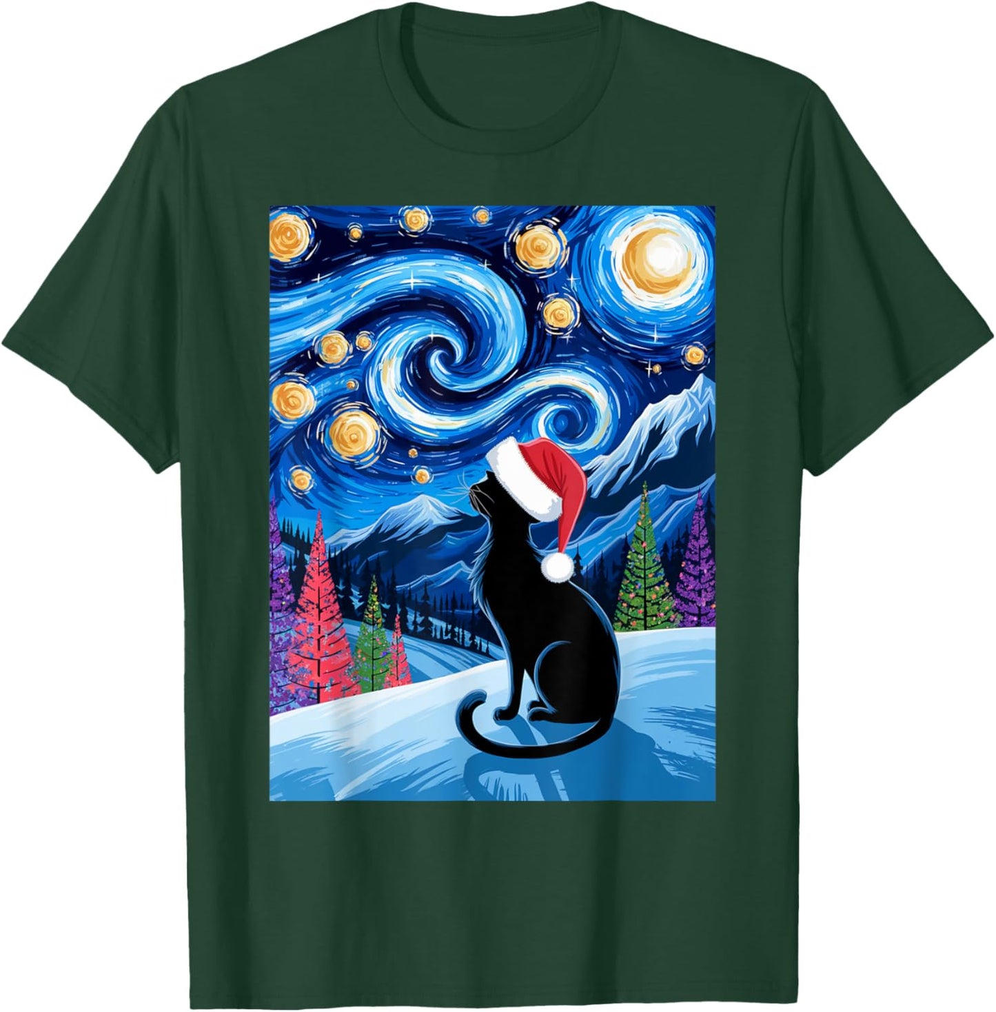 Van Gogh Christmas Cat Starry Night Black Cat Fans Santa Hat T-Shirt - T-Shirt | Forest