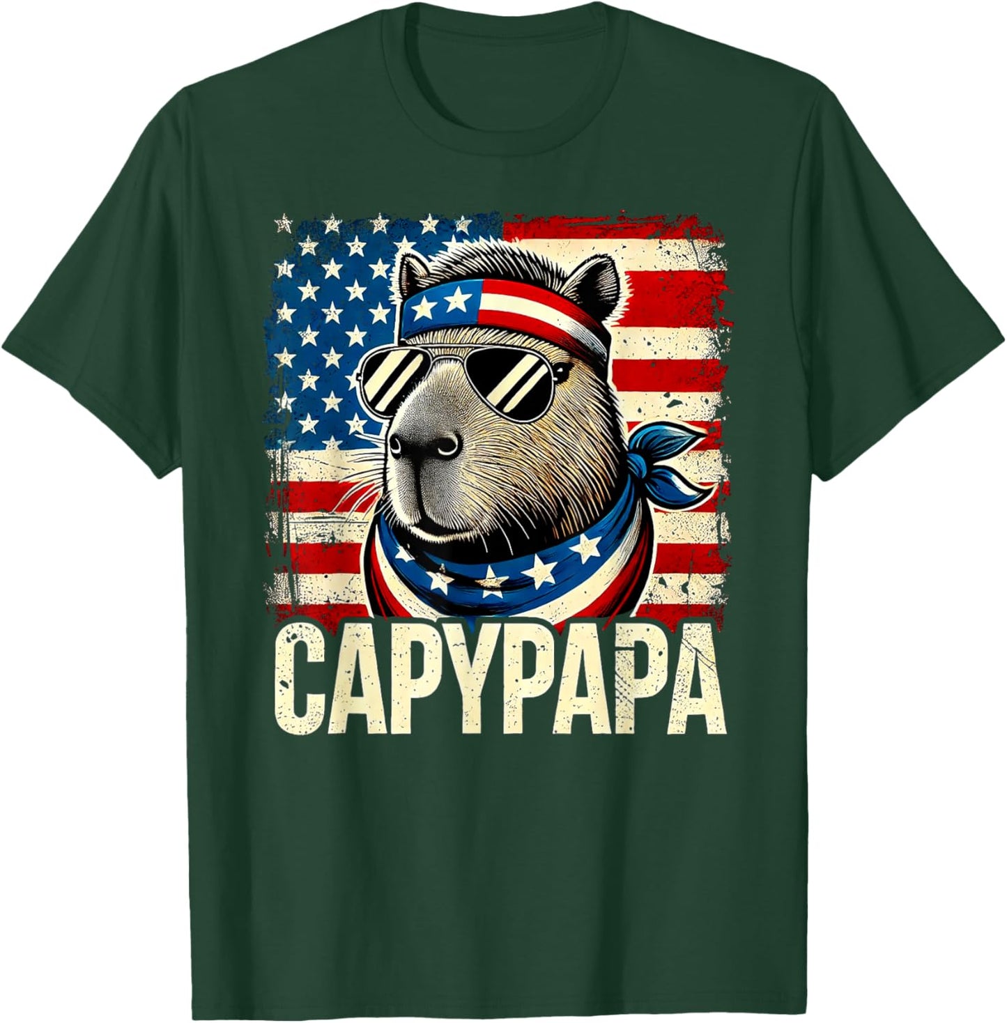 CapyPapa 4th of July American Flag Capybara Papa USA T-Shirt - T-Shirt | Forest