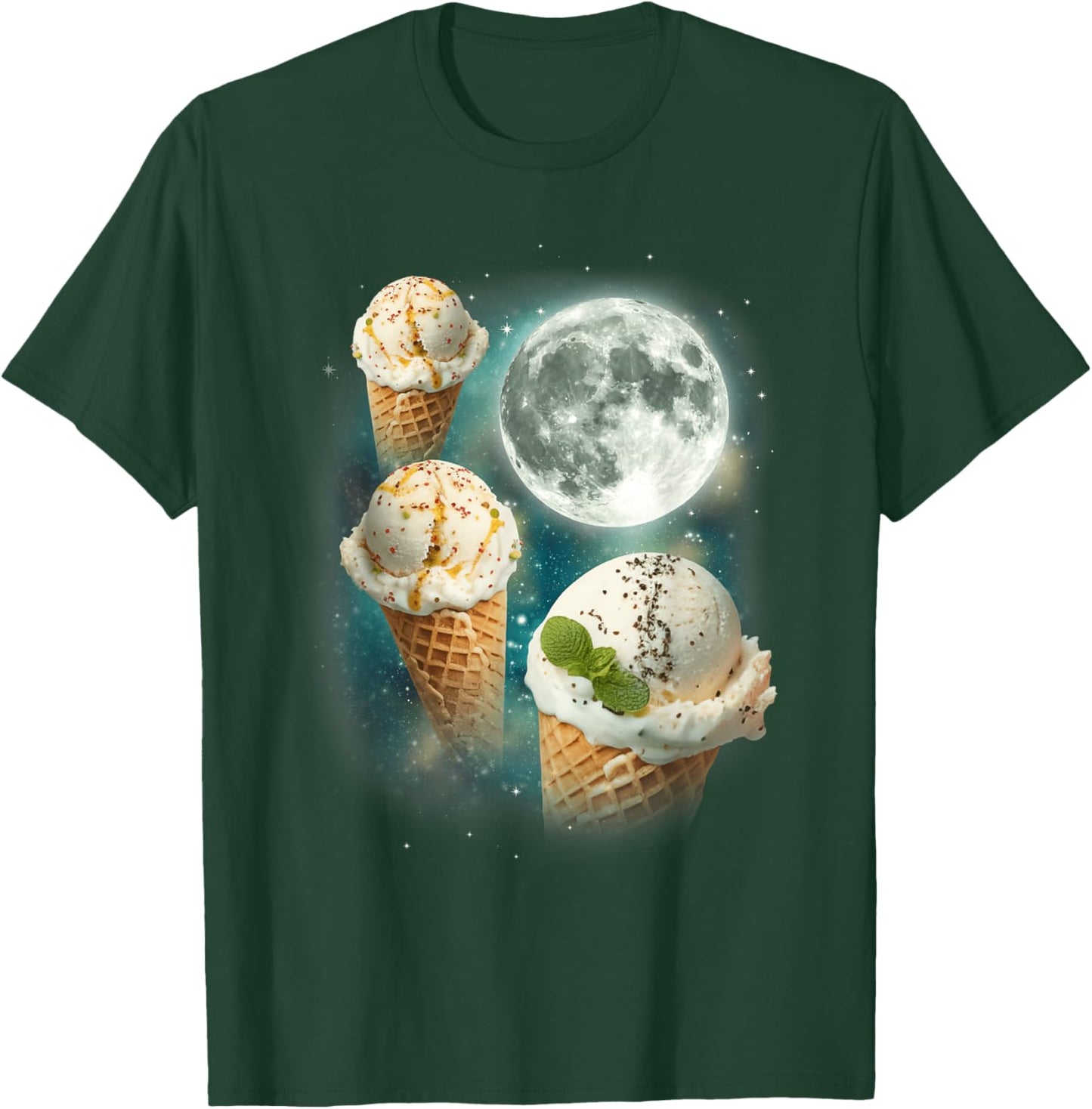 Three Ice-Creams Moon | 3 Scoops Magical Sweet Cold Treat T-Shirt - T-Shirt | Forest